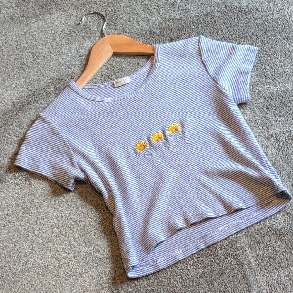Pacsun John Galt Cali Blue Striped Crop Top w Yellow Floral Embroidery, size 0